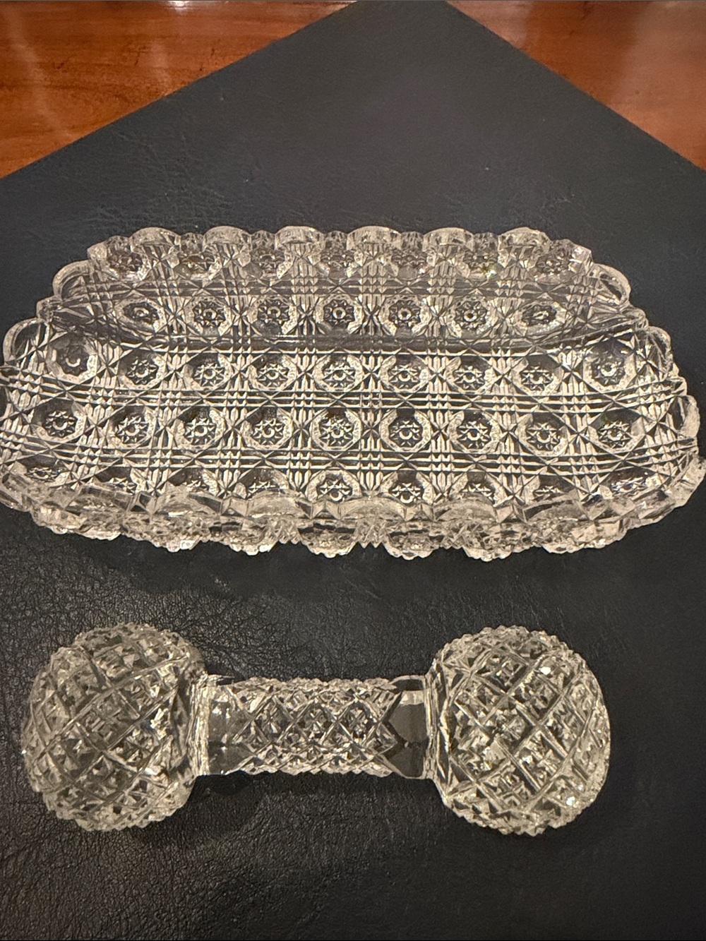Clear Cut-Glass Butter Dish and Double-Ended Knife Rest